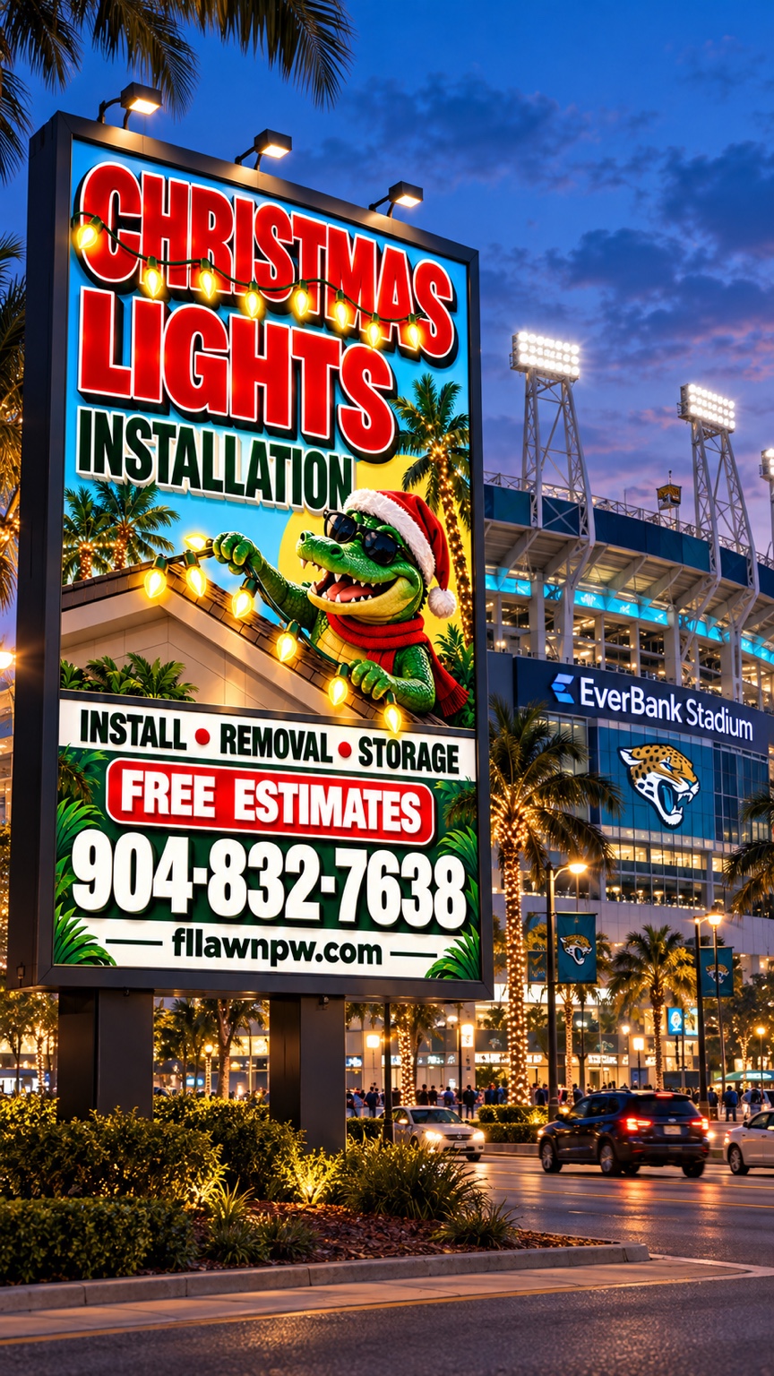 Christmas light installation promotional artwork featuring the Florida Lawn alligator and a Jacksonville stadium scene